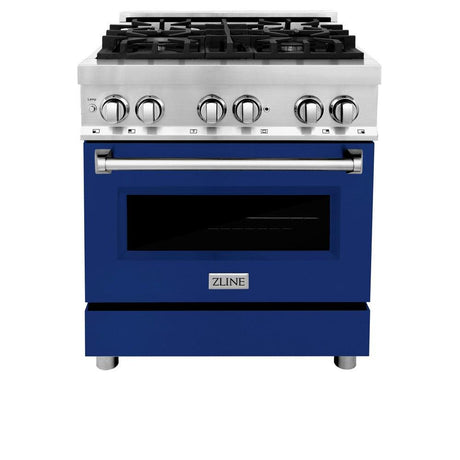 ZLINE 30 in. 4.0 cu. ft. Dual Fuel Range with Gas Stove and Electric Oven in Stainless Steel with Blue Gloss Door (RA-BG-30)