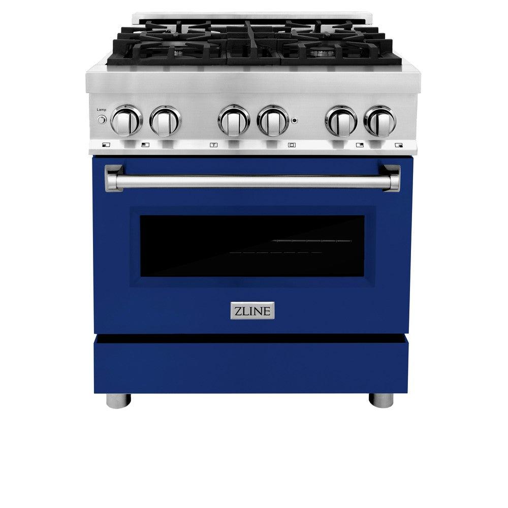 ZLINE 30 in. 4.0 cu. ft. Legacy Dual Fuel Range with 4 Burner Gas Cooktop and Electric Convection Oven in Stainless Steel and Blue Gloss Door (RA-BG-30)