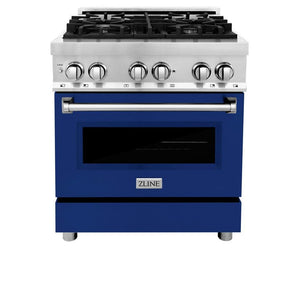 ZLINE 30 in. 4.0 cu. ft. Legacy Dual Fuel Range with 4 Burner Gas Cooktop and Electric Convection Oven in Stainless Steel and Blue Gloss Door (RA-BG-30)