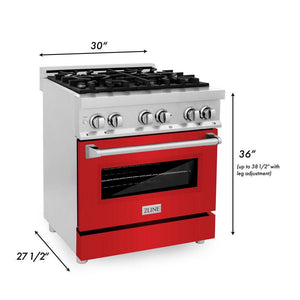 ZLINE 30 in. 4.0 cu. ft. Legacy Dual Fuel Range with 4 Burner Gas Cooktop and Electric Convection Oven in Stainless Steel and Red Matte Door (RA-RM-30)