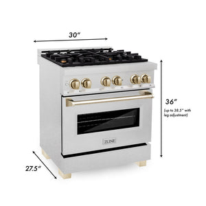 ZLINE Autograph Edition 30 in. 4.0 cu. ft. Legacy Dual Fuel Range with 4 Burner Gas Cooktop and Electric Convection Oven in DuraSnow® Stainless Steel and Polished Gold Accents (RASZ-SN-30-G)