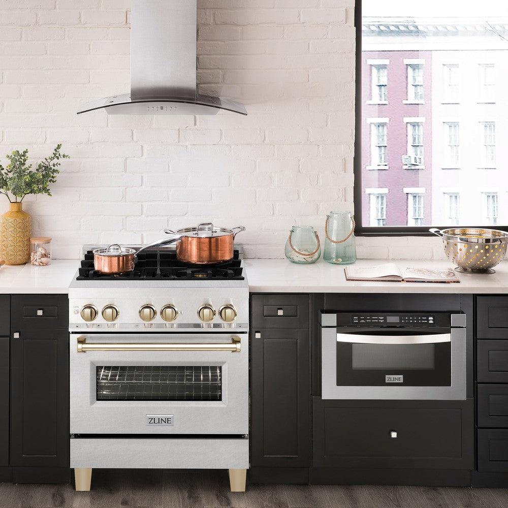 ZLINE Autograph Edition 30 in. 4.0 cu. ft. Legacy Dual Fuel Range with 4 Burner Gas Cooktop and Electric Convection Oven in DuraSnow® Stainless Steel and Polished Gold Accents (RASZ-SN-30-G)
