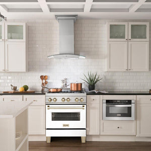 ZLINE Autograph Edition 30 in. 4.0 cu. ft. Legacy Dual Fuel Range with 4 Burner Gas Cooktop and Electric Convection Oven in DuraSnow® Stainless Steel with White Matte Door and Polished Gold Accents (RASZ-WM-30-G)