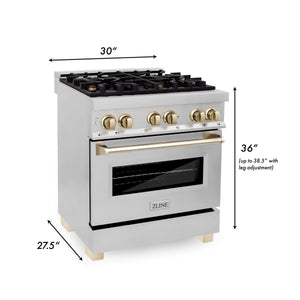 ZLINE Autograph Edition 30 in. Kitchen Package with Stainless Steel Dual Fuel Range and Range Hood with Polished Gold Accents (2AKP-RARH30-G)