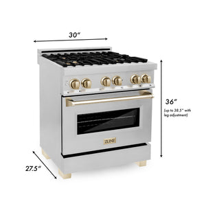 ZLINE Autograph Edition 30 in. Kitchen Package with Stainless Steel Dual Fuel Range, Range Hood, Dishwasher and Refrigerator with Polished Gold Accents (4KAPR-RARHDWM30-G)