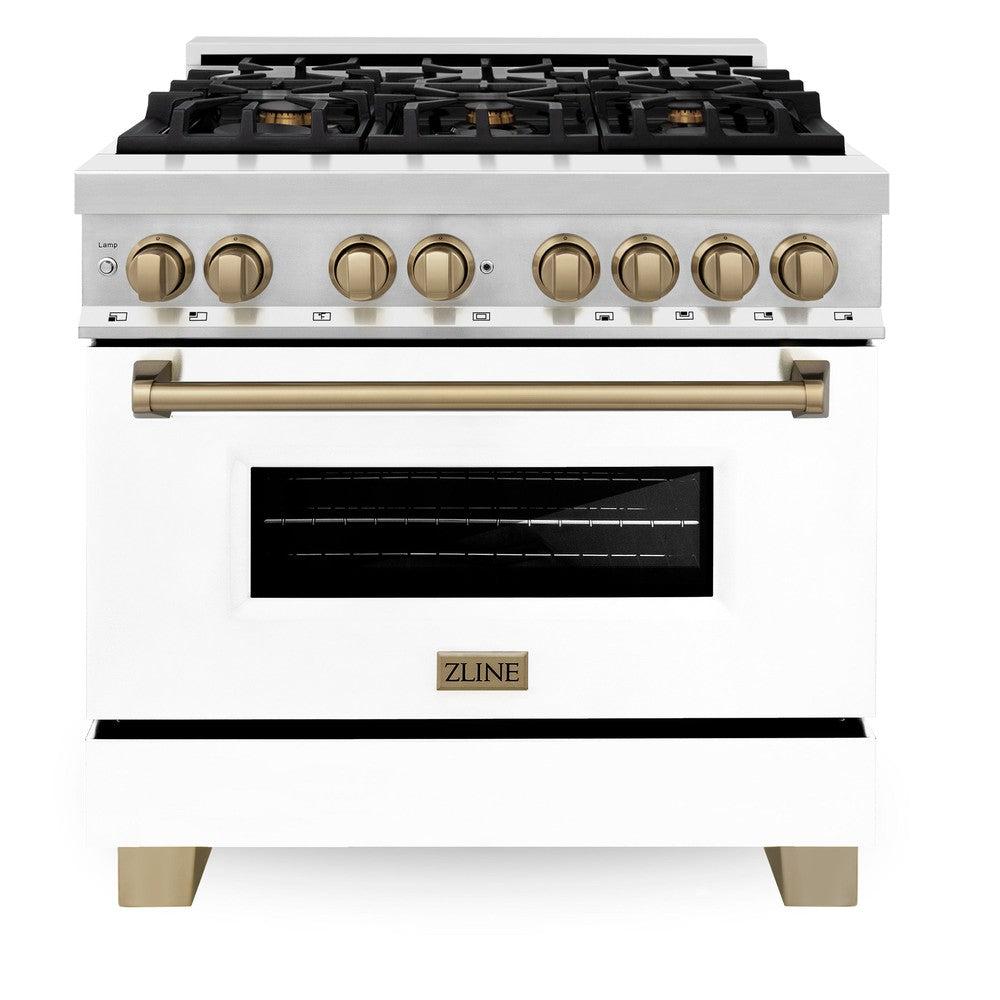 ZLINE Autograph Edition 36 in. 4.6 cu. ft. Dual Fuel Range with Gas Stove and Electric Oven in Stainless Steel with White Matte Door and Champagne Bronze Accents (RAZ-WM-36-CB)