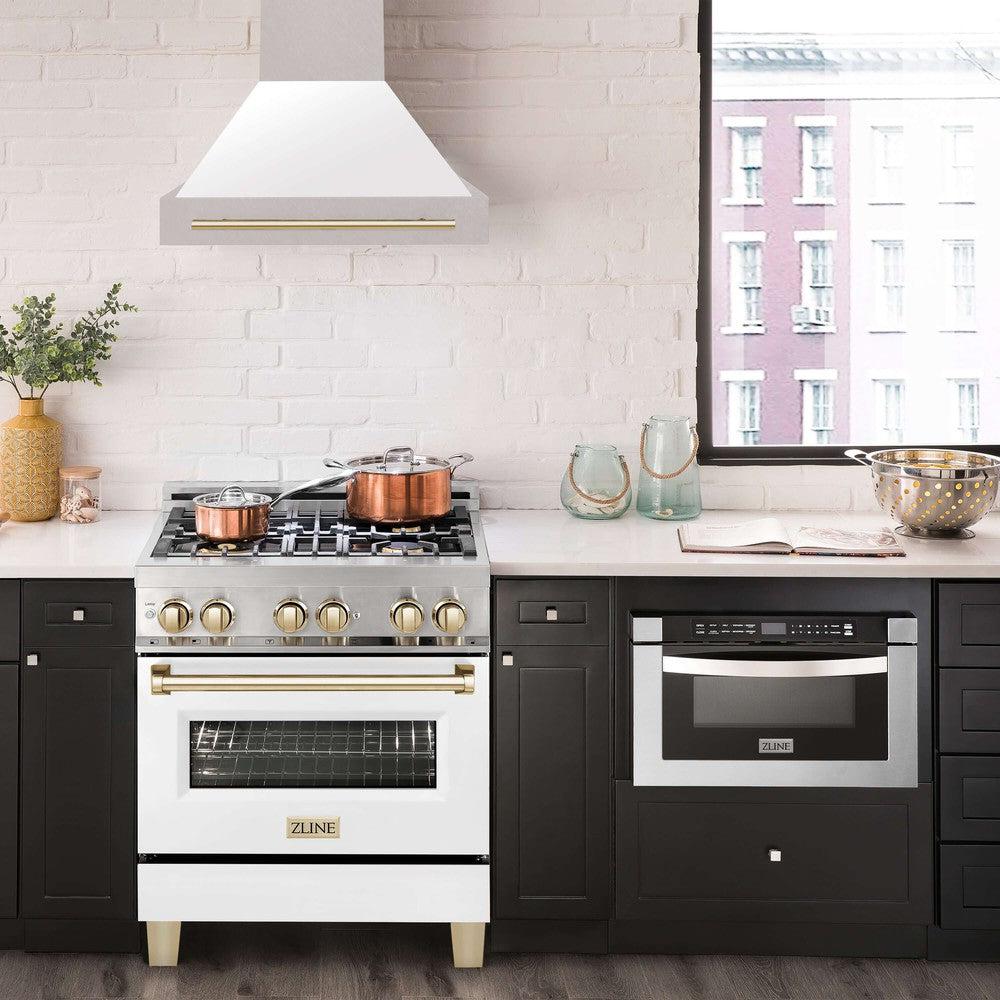 ZLINE Autograph Edition 30 in. Fingerprint Resistant Stainless Steel Range Hood with White Matte Shell and Handle (8654SNZ-WM30)