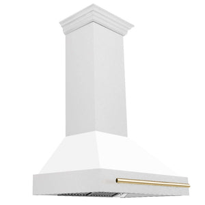 ZLINE Autograph Edition 36 in. Fingerprint Resistant Satin Stainless Steel Range Hood with White Matte Shell and Accented Handle (8654SNZ-WM36) Polished Gold