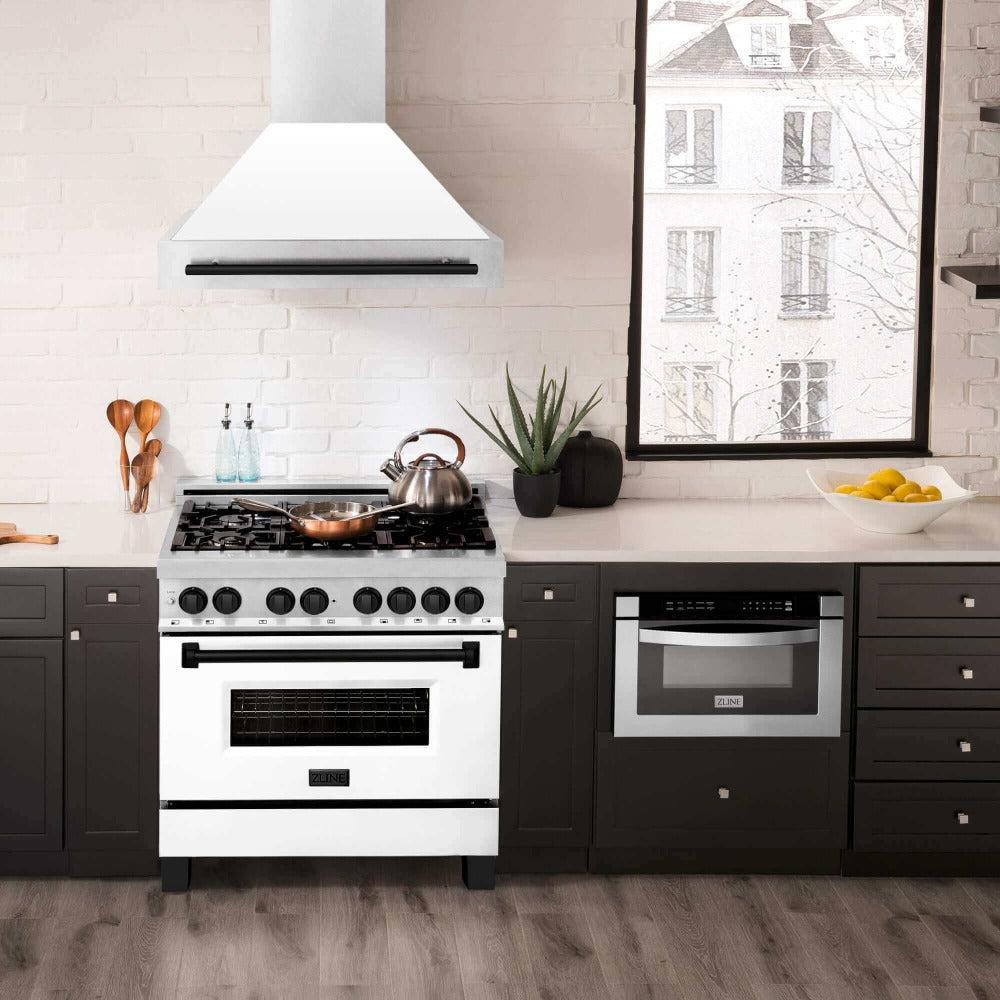 ZLINE Autograph Edition 36 in. Fingerprint Resistant Stainless Steel Range Hood with White Matte Shell and Handle (8654SNZ-WM36)