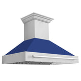 ZLINE 48 in. Stainless Steel Range Hood with Stainless Steel Handle (8654STX-48) with Blue Gloss Shell.