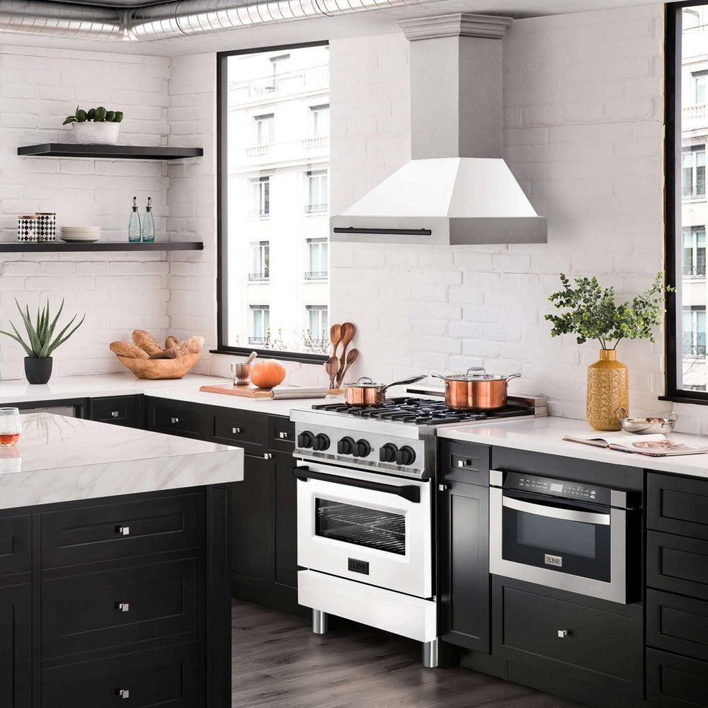ZLINE Autograph Edition 30 in. Fingerprint Resistant Stainless Steel Range Hood with White Matte Shell and Handle (8654SNZ-WM30)