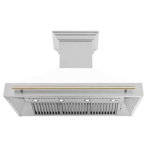 ZLINE Autograph Edition 48 in. Kitchen Package with Stainless Steel Dual Fuel Range with White Matte Door and Range Hood with Polished Gold Accents (2AKP-RAWMRH48-G)