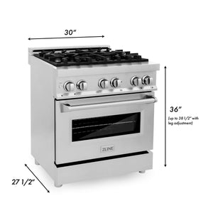 ZLINE 30 in. Kitchen Package with Stainless Steel Dual Fuel Range, Range Hood, Microwave Drawer and Tall Tub Dishwasher (4KP-RARH30-MWDWV)