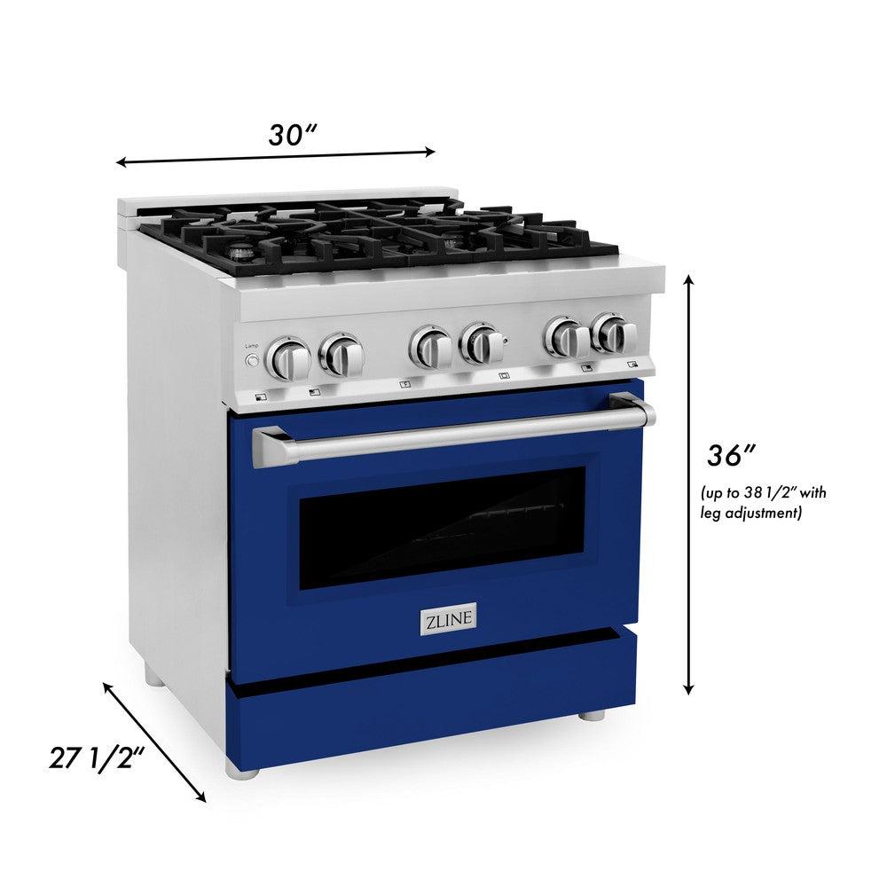 ZLINE 30 in. 4.0 cu. ft. Legacy Dual Fuel Range with 4 Burner Gas Cooktop and Electric Convection Oven in Stainless Steel and Blue Gloss Door (RA-BG-30)