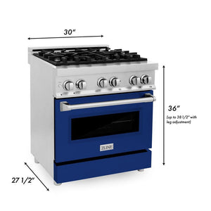 ZLINE 30 in. 4.0 cu. ft. Legacy Dual Fuel Range with 4 Burner Gas Cooktop and Electric Convection Oven in Stainless Steel and Blue Gloss Door (RA-BG-30)