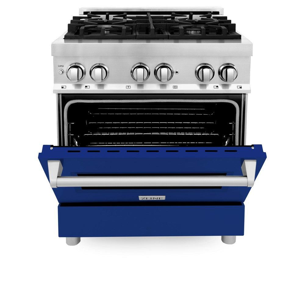 ZLINE 30 in. 4.0 cu. ft. Legacy Dual Fuel Range with 4 Burner Gas Cooktop and Electric Convection Oven in Stainless Steel and Blue Gloss Door (RA-BG-30)