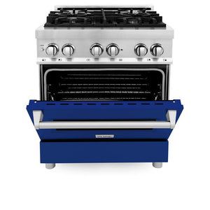 ZLINE 30 in. 4.0 cu. ft. Legacy Dual Fuel Range with 4 Burner Gas Cooktop and Electric Convection Oven in Stainless Steel and Blue Gloss Door (RA-BG-30)