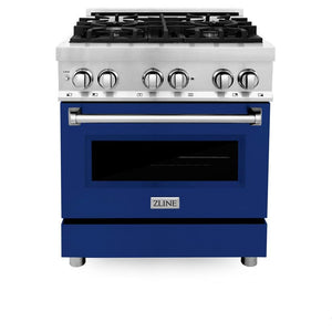 ZLINE 30 in. 4.0 cu. ft. Legacy Dual Fuel Range with 4 Burner Gas Cooktop and Electric Convection Oven in Stainless Steel and Blue Gloss Door (RA-BG-30)