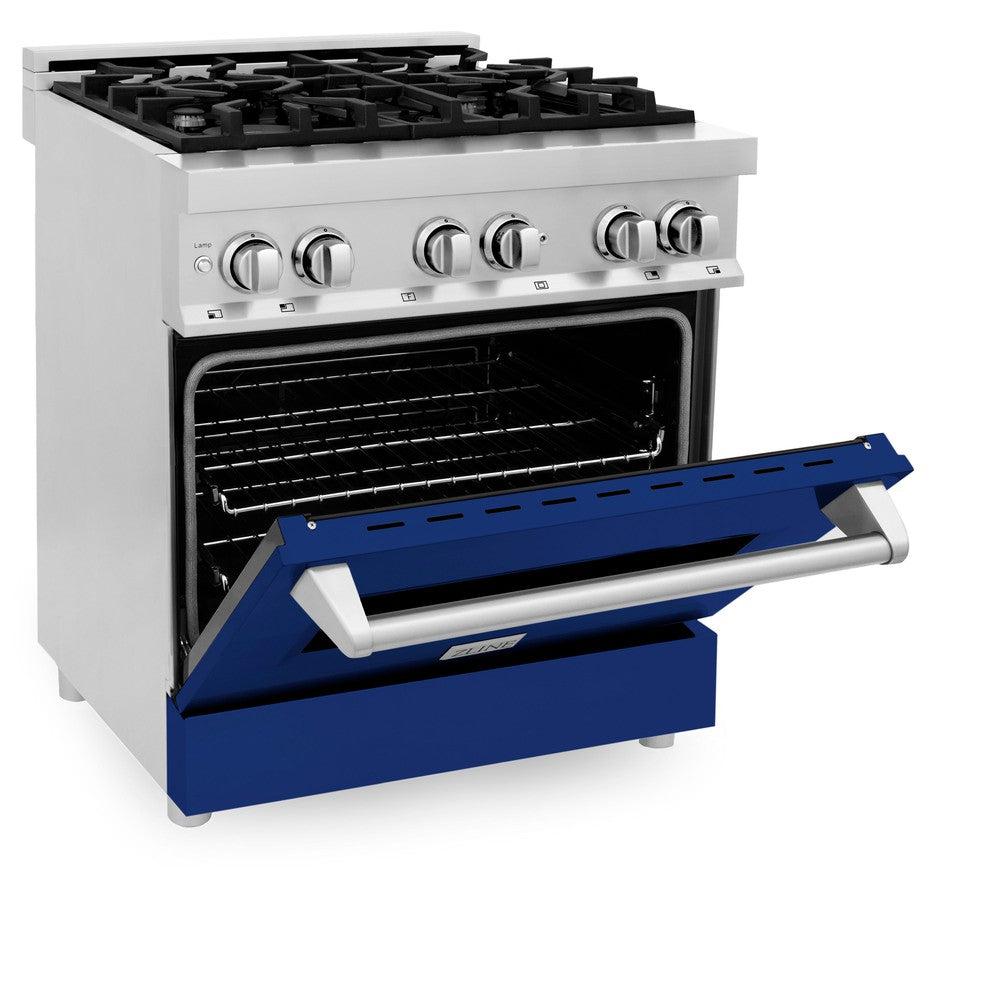 ZLINE 30 in. 4.0 cu. ft. Legacy Dual Fuel Range with 4 Burner Gas Cooktop and Electric Convection Oven in Stainless Steel and Blue Gloss Door (RA-BG-30)