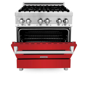 ZLINE 30 in. Kitchen Package with DuraSnow® Stainless Steel Dual Fuel Range with Red Matte Door and Convertible Vent Range Hood (2KP-RARMRH30)