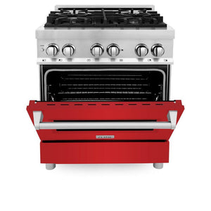 ZLINE 30 in. 4.0 cu. ft. Legacy Dual Fuel Range with 4 Burner Gas Cooktop and Electric Convection Oven in Stainless Steel and Red Matte Door (RA-RM-30)