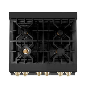ZLINE Autograph Edition 30 in. Kitchen Package with Black Stainless Steel Dual Fuel Range and Range Hood with Polished Gold Accents (2AKP-RABRH30-G)
