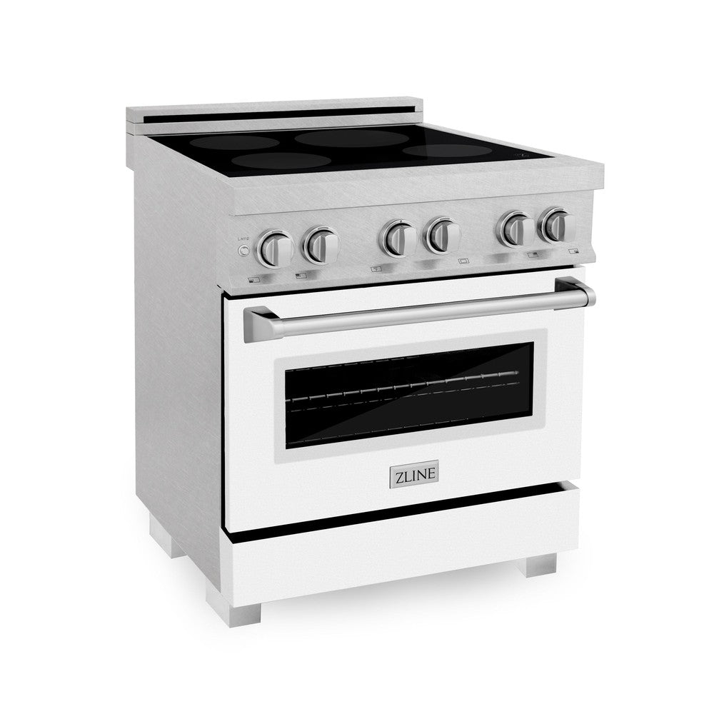 ZLINE 30 in. 4.0 cu. ft. Legacy Induction Range with 4 Element Cooktop and Electric Oven in DuraSnow® Stainless Steel and White Matte Door (RAINDS-WM-30)