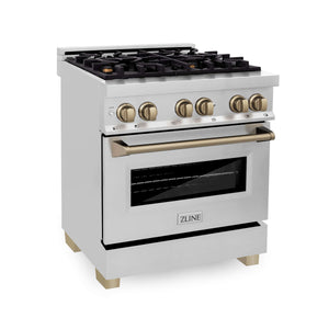 ZLINE Autograph Edition 30 in. Kitchen Package with Stainless Steel Dual Fuel Range and Range Hood with Champagne Bronze Accents (3AKP-RARHDWM30-CB)