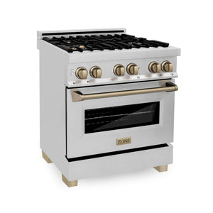 ZLINE Autograph Edition 30 in. Kitchen Package with Stainless Steel Dual Fuel Range, Range Hood, Dishwasher and Refrigerator with Champagne Bronze Accents (4KAPR-RARHDWM30-CB)
