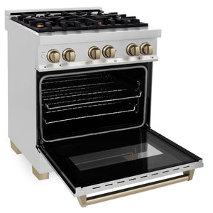 ZLINE Autograph Edition 30 in. Kitchen Package with Stainless Steel Dual Fuel Range and Range Hood with Champagne Bronze Accents (3AKP-RARHDWM30-CB)