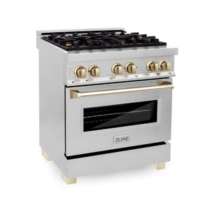 ZLINE Autograph Edition Kitchen Package in Stainless Steel with 30 in. Dual Fuel Range, 30 in. Range Hood, and 24 in. Dishwasher with Polished Gold Accents (3AKP-RARHDWM30-G)