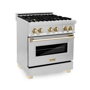 ZLINE Autograph Edition 30 in. Kitchen Package with Stainless Steel Dual Fuel Range, Range Hood, Dishwasher and Refrigerator with Polished Gold Accents (4KAPR-RARHDWM30-G)