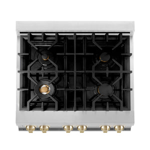 ZLINE Autograph Edition 30 in. Kitchen Package with Stainless Steel Dual Fuel Range, Range Hood, Dishwasher, and Refrigerator with External Water Dispenser with Polished Gold Accents (4AKPR-RARHDWM30-G)