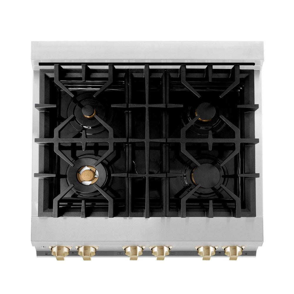 ZLINE Autograph Edition 30 in. 4.0 cu. ft. Dual Fuel Range with Gas Stove and Electric Oven in Stainless Steel with Polished Gold Accents (RAZ-30-G)