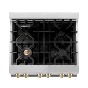 ZLINE Autograph Edition 30 in. 4.0 cu. ft. Legacy Dual Fuel Range with 4 Burner Gas Cooktop and Electric Convection Oven in Stainless Steel and Polished Gold Accents (RAZ-30-G)