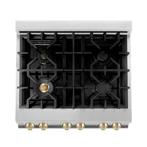 ZLINE Autograph Edition 30 in. Kitchen Package with Stainless Steel Dual Fuel Range, Range Hood, Dishwasher and Refrigerator with Polished Gold Accents (4KAPR-RARHDWM30-G)