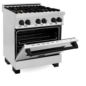 ZLINE Autograph Edition 30 in. Kitchen Package with Stainless Steel Dual Fuel Range, Range Hood, Dishwasher, and Refrigerator with External Water Dispenser with Matte Black Accents (4AKPR-RARHDWM30-MB)