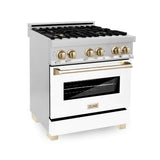 ZLINE Autograph Edition 30 in. Kitchen Package with Stainless Steel Dual Fuel Range with White Matte Door, Range Hood and Dishwasher with Polished Gold Accents (3AKP-RAWMRHDWM30-G)