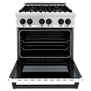 ZLINE Autograph Edition 30 in. Kitchen Package with Stainless Steel Dual Fuel Range with White Matte Door and Range Hood with Matte Black Accents (2AKP-RAWMRH30-MB)