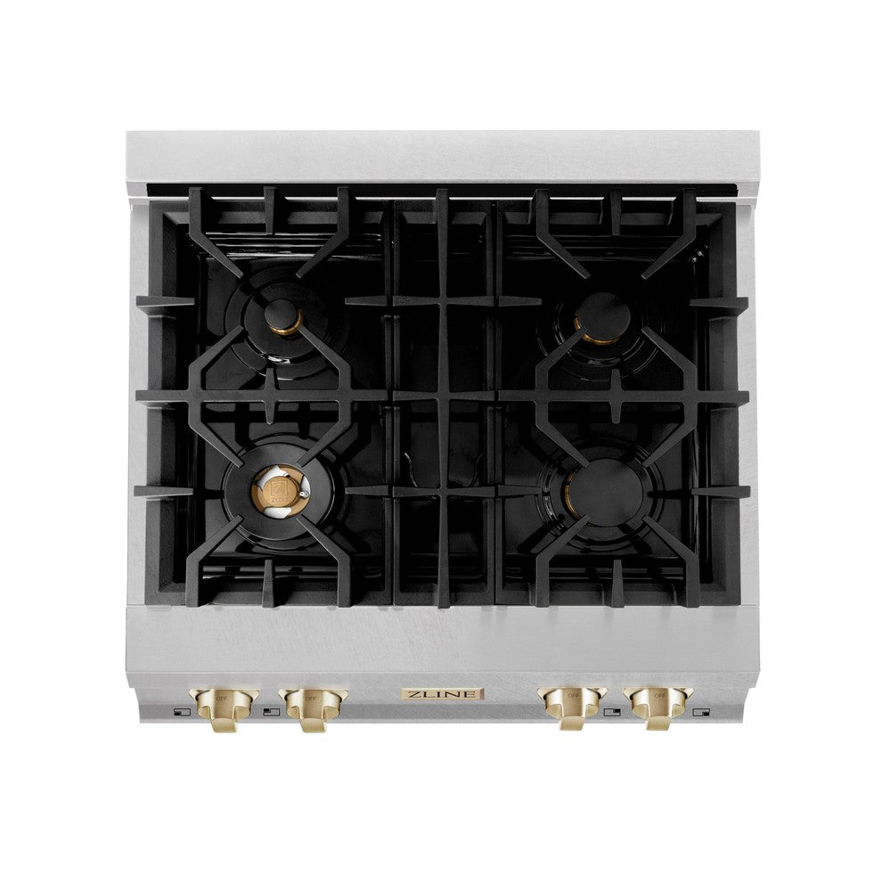 ZLINE Autograph Edition 30 in. Legacy Gas Rangetop with 4 Burners and Porcelain Cooktop in DuraSnow® Stainless Steel with Polished Gold Accents (RTSZ-30-G)