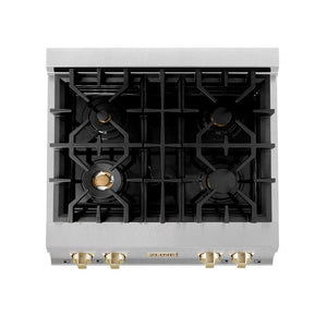 ZLINE Autograph Edition 30 in. Legacy Gas Rangetop with 4 Burners and Porcelain Cooktop in DuraSnow® Stainless Steel with Polished Gold Accents (RTSZ-30-G)