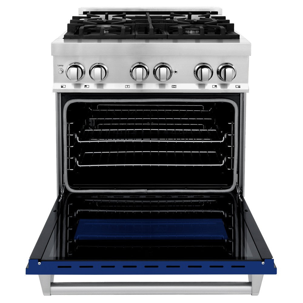 ZLINE 30 in. 4.0 cu. ft. Legacy Dual Fuel Range with 4 Burner Gas Cooktop and Electric Convection Oven in Stainless Steel and Blue Gloss Door (RA-BG-30)