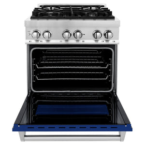 ZLINE 30 in. 4.0 cu. ft. Legacy Dual Fuel Range with 4 Burner Gas Cooktop and Electric Convection Oven in Stainless Steel and Blue Gloss Door (RA-BG-30)