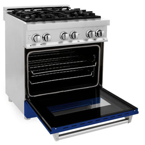 ZLINE 30 in. 4.0 cu. ft. Legacy Dual Fuel Range with 4 Burner Gas Cooktop and Electric Convection Oven in Stainless Steel and Blue Gloss Door (RA-BG-30)