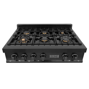 ZLINE 36 in. Porcelain Gas Stovetop in Black Stainless with 6 Gas Brass Burners (RTB-BR-36)