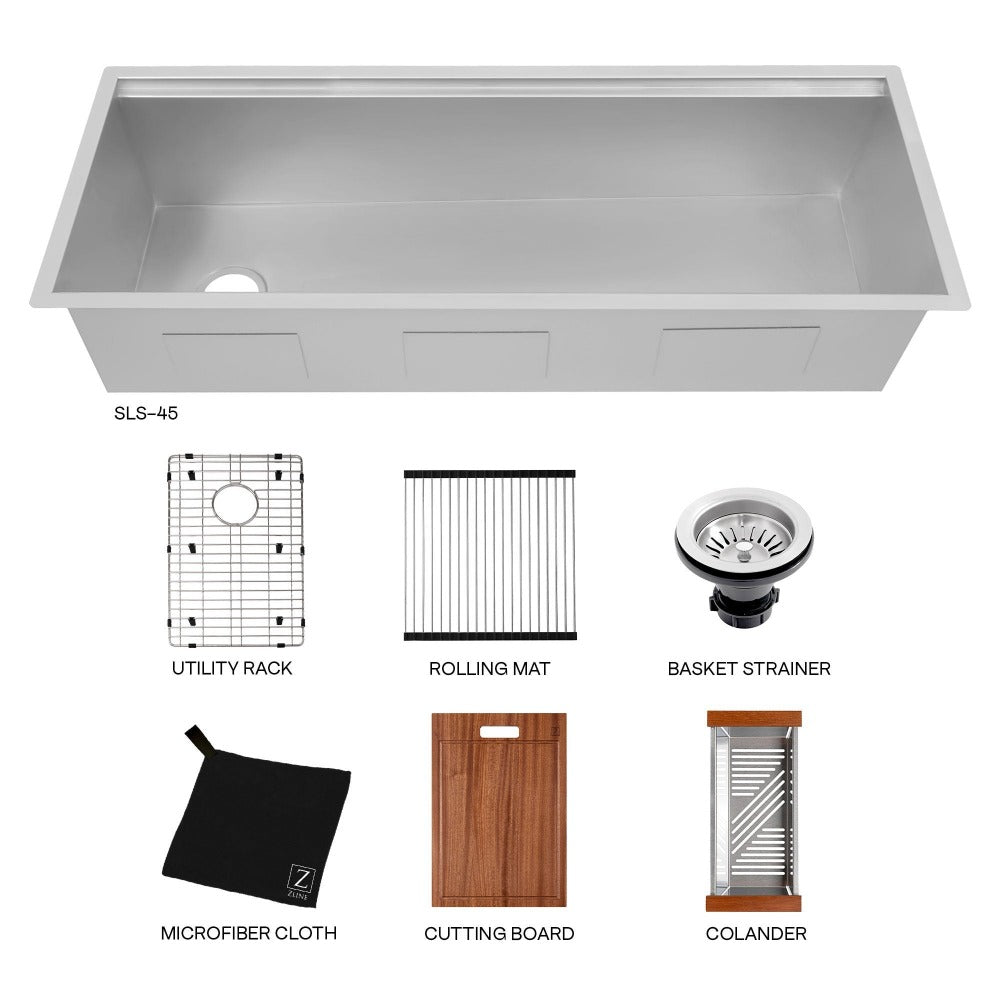 ZLINE Garmisch 45 in. Undermount Single Bowl Scratch Resistant Stainless Steel Kitchen Sink with Bottom Grid and Accessories (SLS-45S)