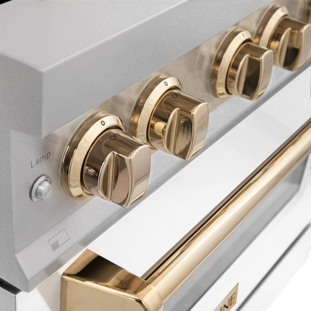 ZLINE Autograph Edition 30 in. 4.0 cu. ft. Legacy Dual Fuel Range with 4 Burner Gas Cooktop and Electric Convection Oven in DuraSnow® Stainless Steel with White Matte Door and Polished Gold Accents (RASZ-WM-30-G)