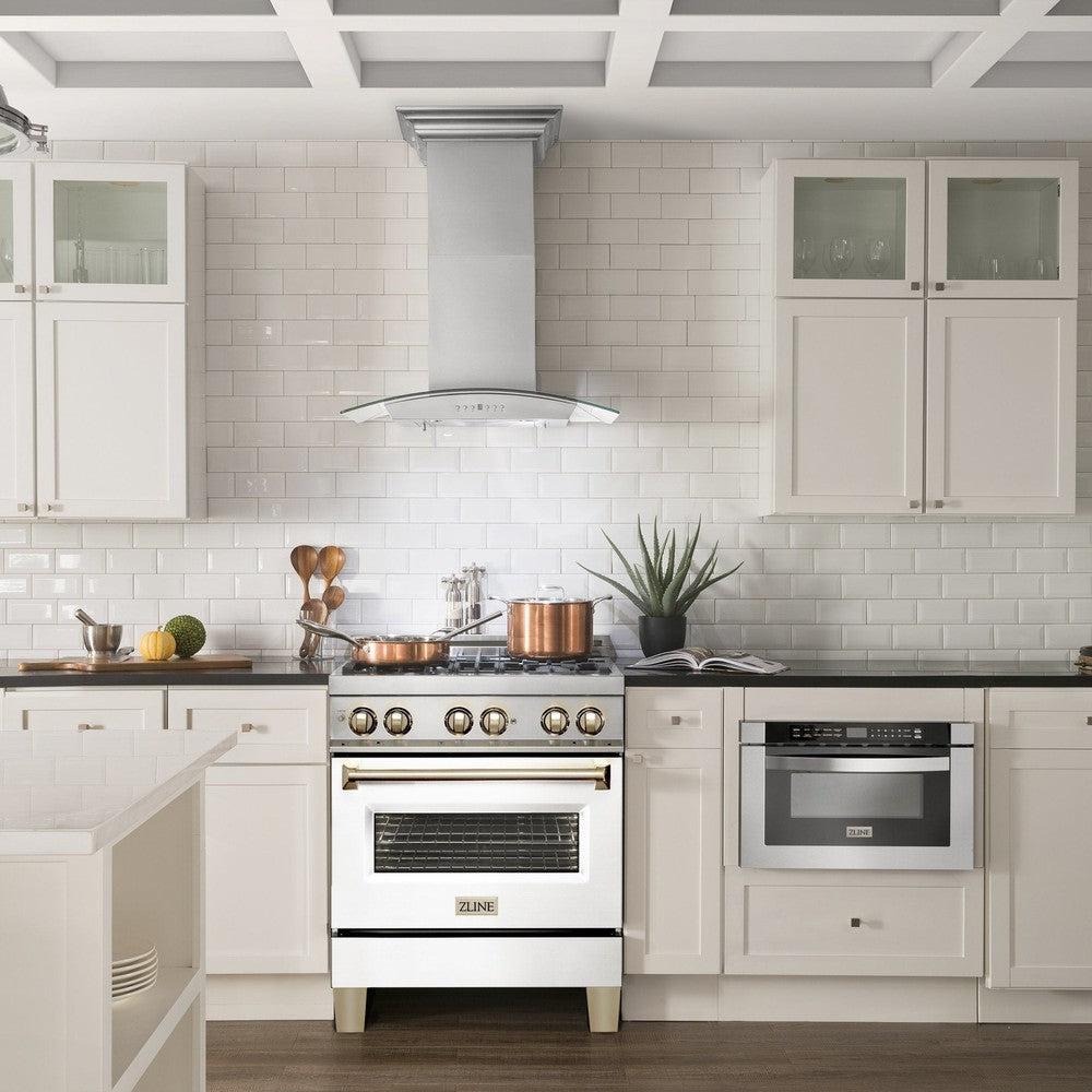 ZLINE Autograph Edition 30 in. 4.0 cu. ft. Legacy Dual Fuel Range with 4 Burner Gas Cooktop and Electric Convection Oven in Stainless Steel with White Matte Door and Polished Gold Accents (RAZ-WM-30-G)