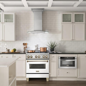 ZLINE Autograph Edition 30 in. 4.0 cu. ft. Legacy Dual Fuel Range with 4 Burner Gas Cooktop and Electric Convection Oven in Stainless Steel with White Matte Door and Polished Gold Accents (RAZ-WM-30-G)