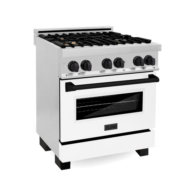 ZLINE Autograph Edition 30 in. 4.0 cu. ft. Legacy Dual Fuel Range with 4 Burner Gas Cooktop and Electric Convection Oven in Stainless Steel with White Matte Door and Matte Black Accents (RAZ-WM-30-MB)